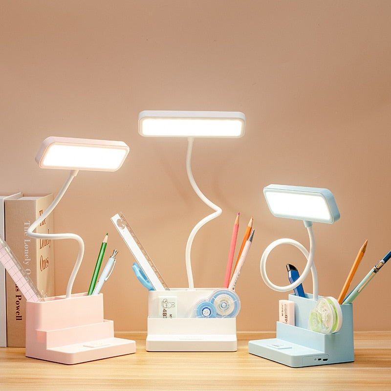Luminária de Mesa Recarregável para Estudos em LED - Luz Ajustável, Porta USB e Design com Porta-Canetas - Decora Byte